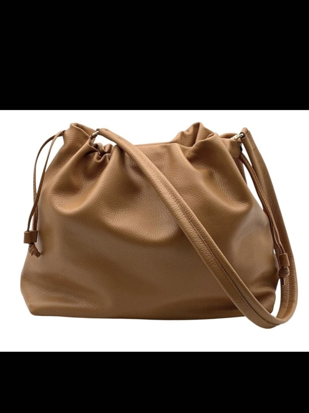 Italian Pebbled Leather Drawstring Shoulder Bag in Tan